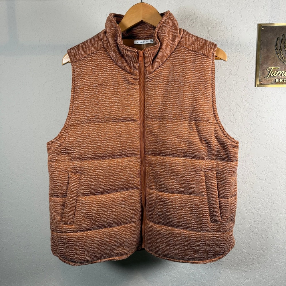 Staccato Herringbone Puffer Vest Womens XL Rust‎ Orange Full Zip Quilted 32255